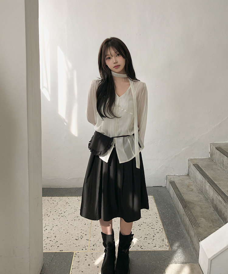 【ベルト付き】Aラインフレアミディスカート BLACK