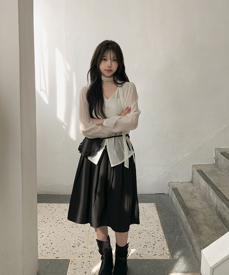 【ベルト付き】Aラインフレアミディスカート BLACK