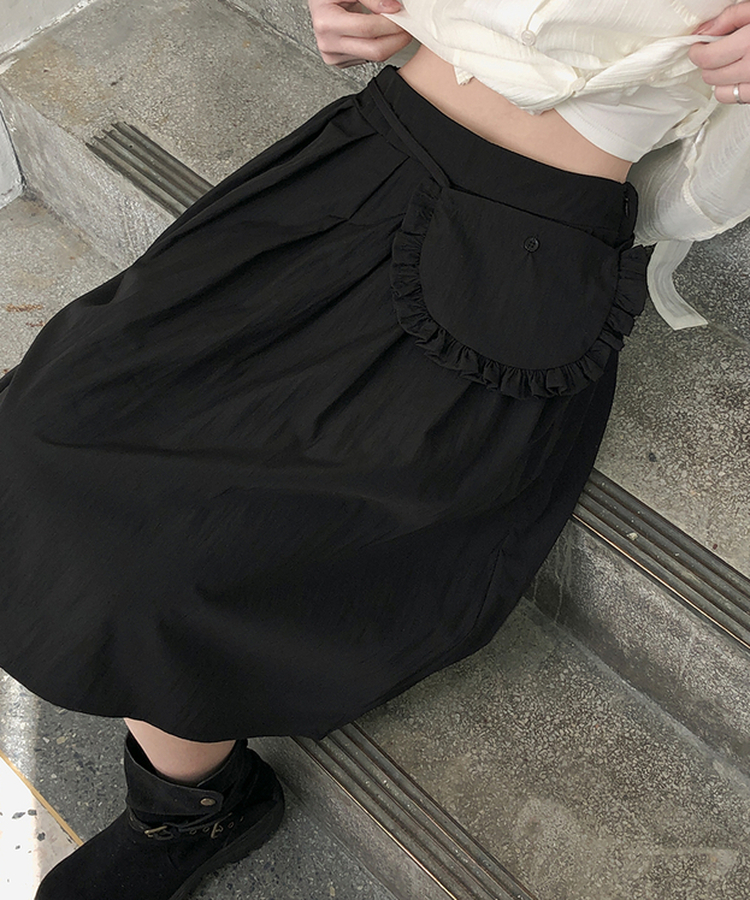 【ベルト付き】Aラインフレアミディスカート BLACK