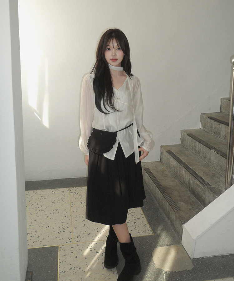 【ベルト付き】Aラインフレアミディスカート BLACK