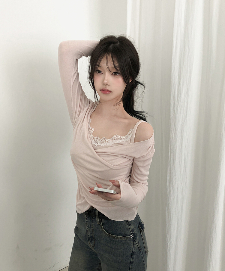 レイヤードレースラップシャーリングTシャツ PEACH