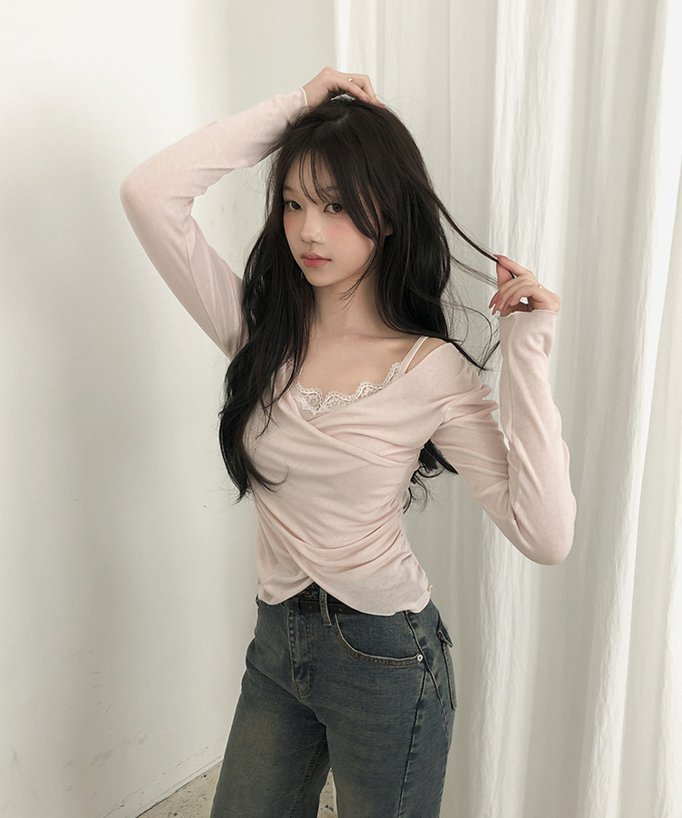 レイヤードレースラップシャーリングTシャツ PEACH