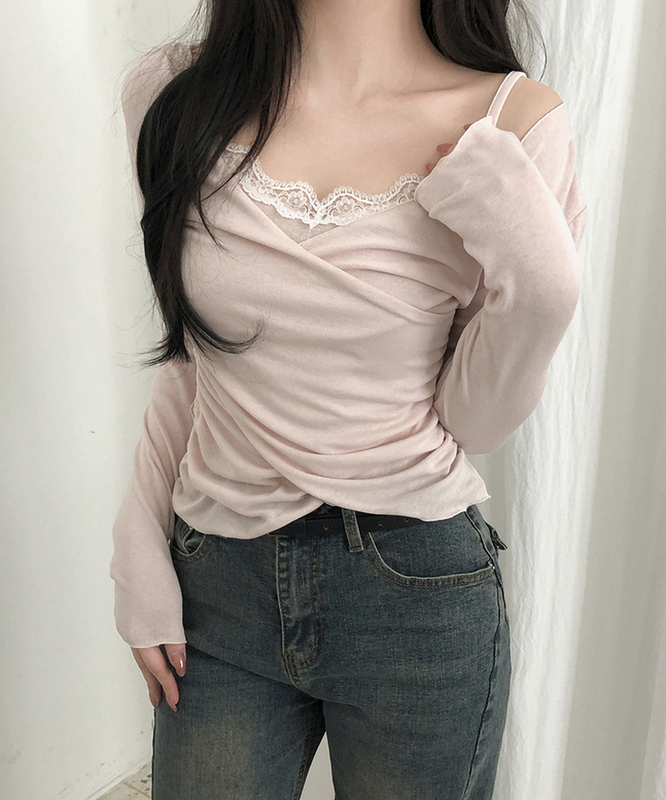 レイヤードレースラップシャーリングTシャツ PEACH