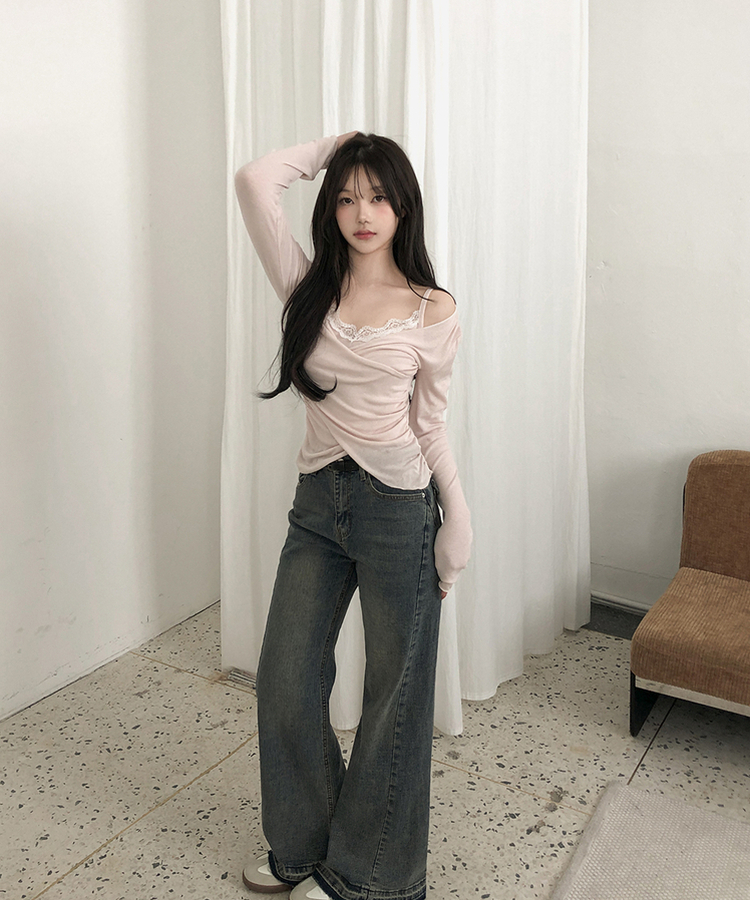 レイヤードレースラップシャーリングTシャツ PEACH