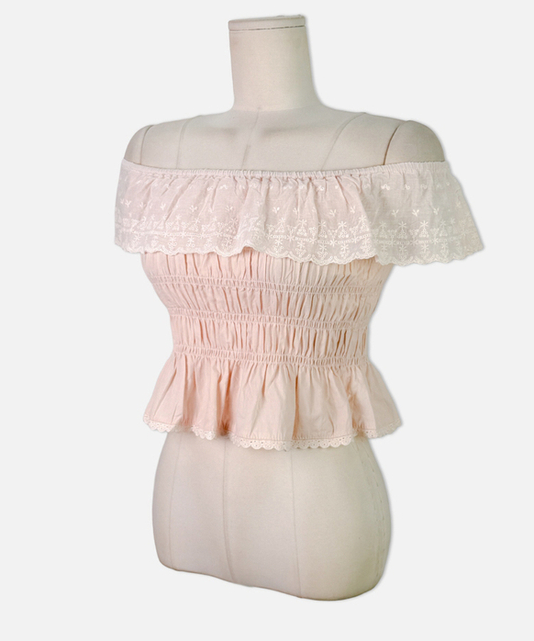 レースパンチングフリルオフショル半袖ブラウス