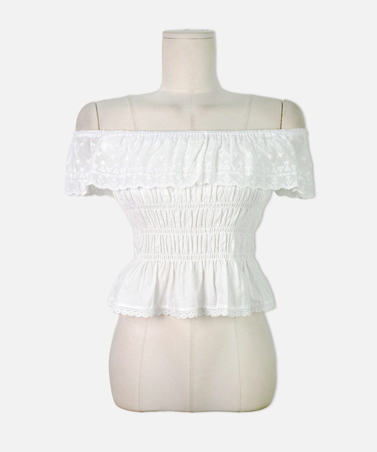 レースパンチングフリルオフショル半袖ブラウス