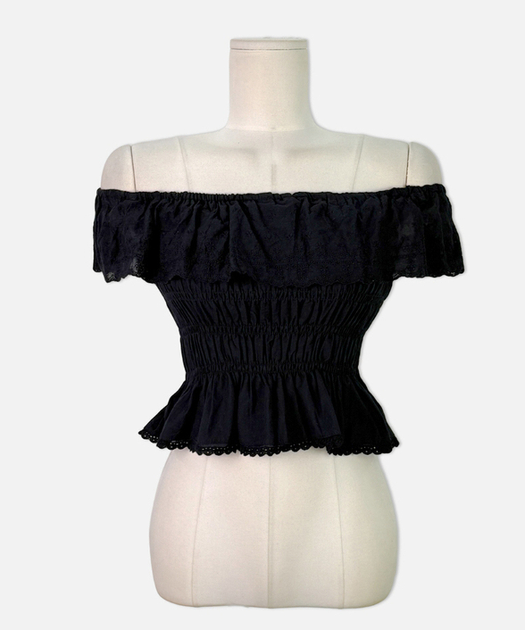 レースパンチングフリルオフショル半袖ブラウス