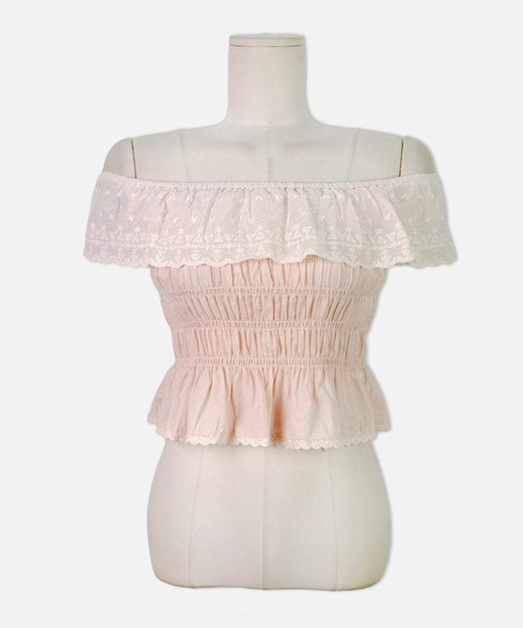 レースパンチングフリルオフショル半袖ブラウス