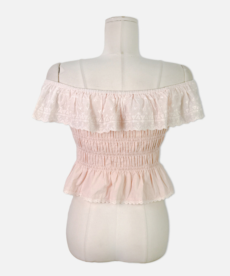 レースパンチングフリルオフショル半袖ブラウス