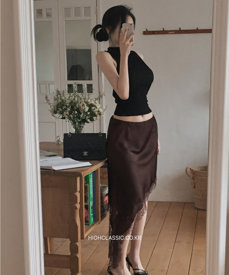 レースシルキーアンバランススカート BROWN