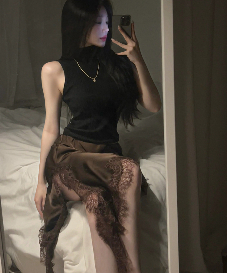 レースシルキーアンバランススカート BROWN