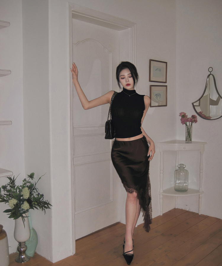 レースシルキーアンバランススカート BROWN