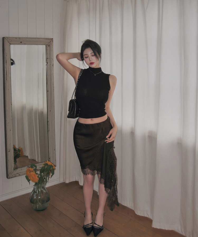 レースシルキーアンバランススカート BROWN