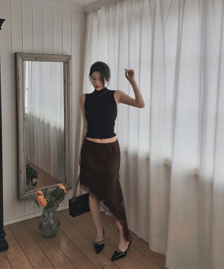 レースシルキーアンバランススカート BROWN