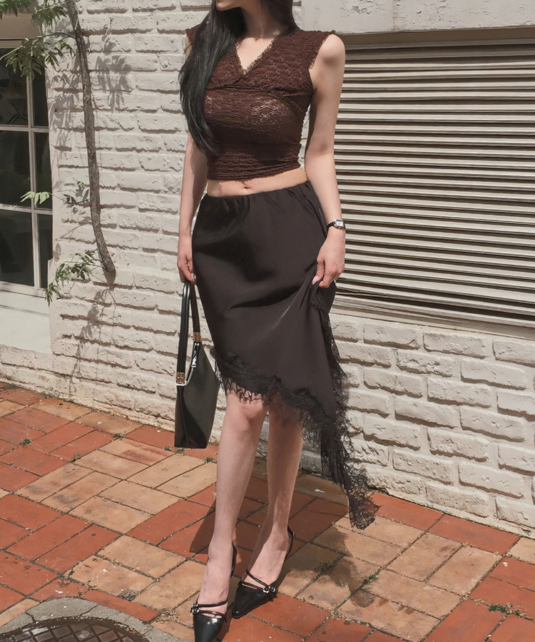 レースシルキーアンバランススカート BLACK