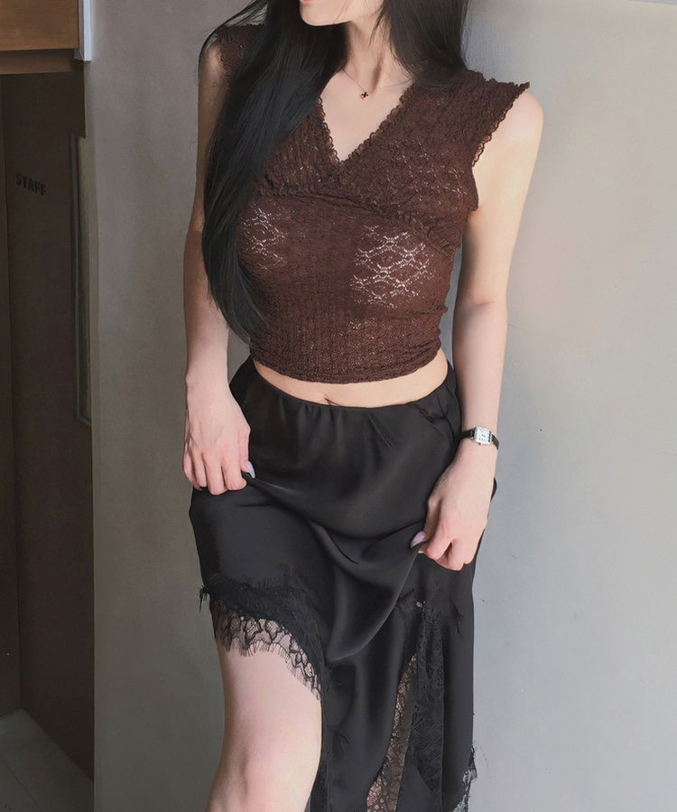 レースシルキーアンバランススカート BLACK