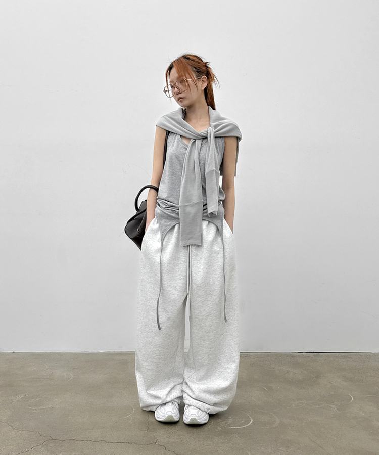 ストリングワイドバンディングパンツ MELANGE WHITE