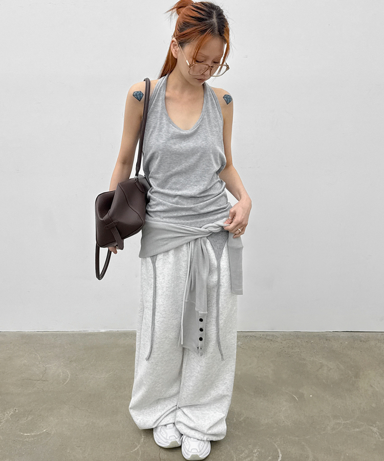 ストリングワイドバンディングパンツ MELANGE WHITE