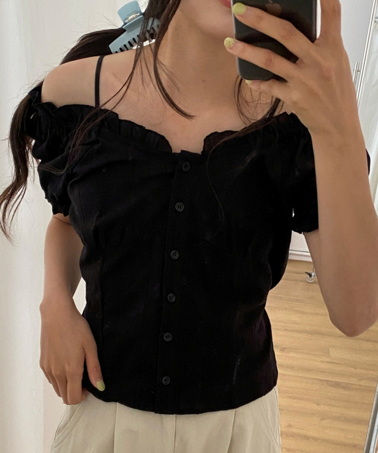 フリルオフショルダー半袖ブラウス(5color) BLACK