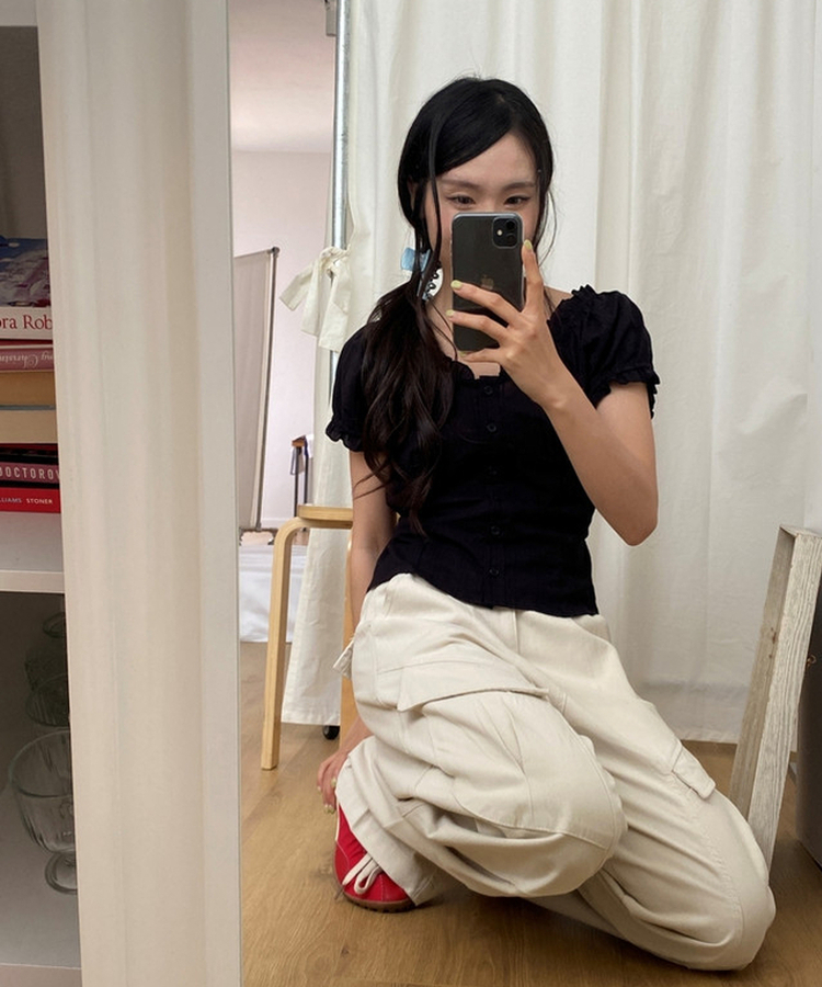 フリルオフショルダー半袖ブラウス(5color) BLACK