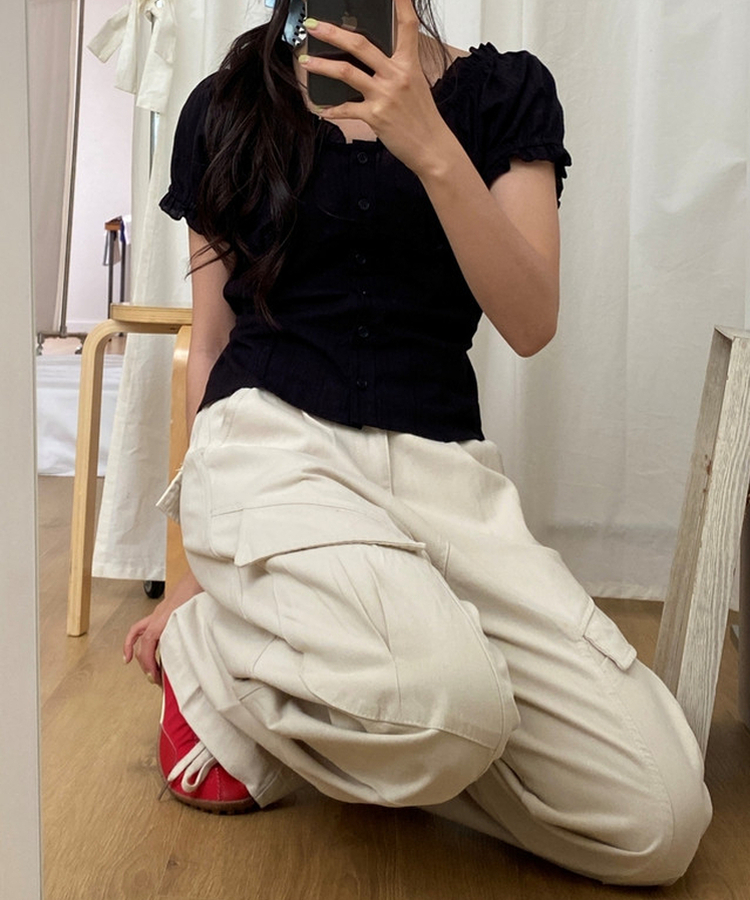 フリルオフショルダー半袖ブラウス(5color) BLACK