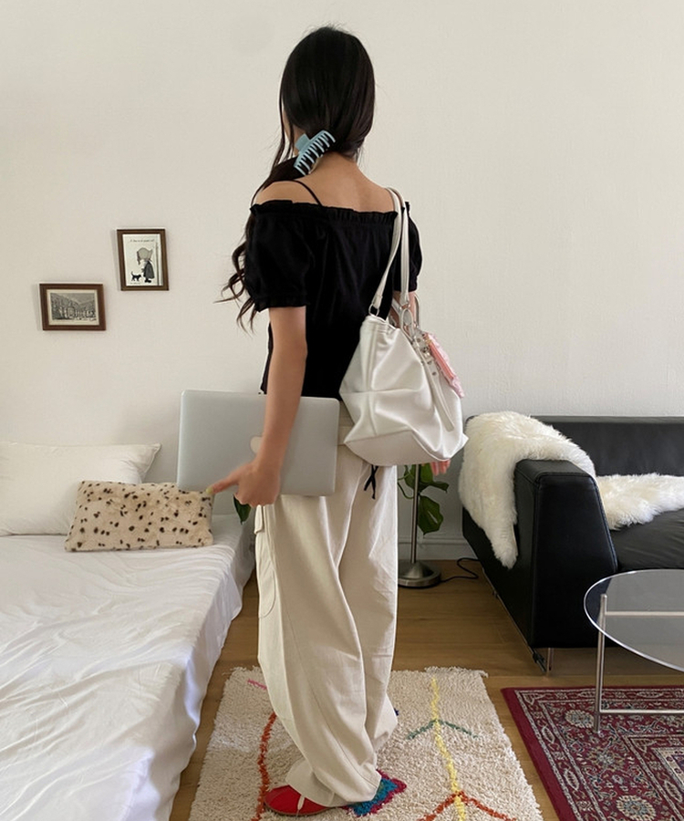 フリルオフショルダー半袖ブラウス(5color) BLACK