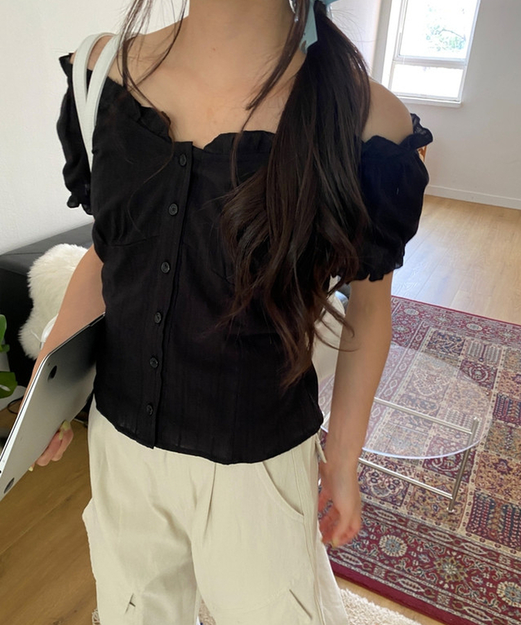 フリルオフショルダー半袖ブラウス(5color) BLACK