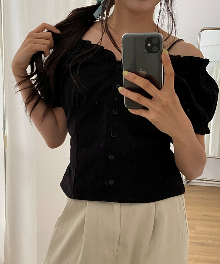 フリルオフショルダー半袖ブラウス(5color) BLACK