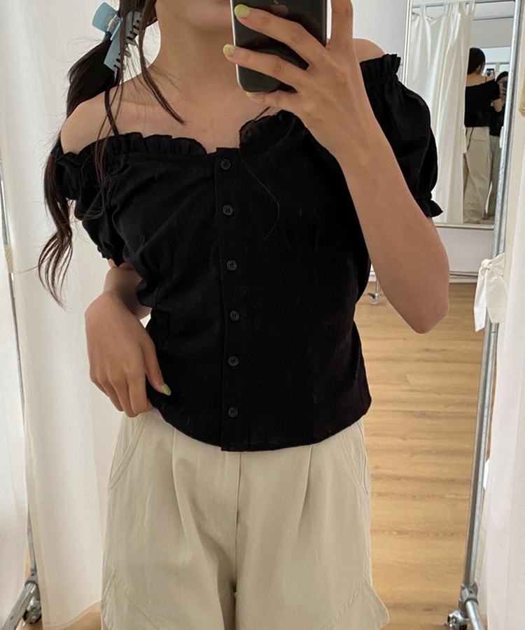 フリルオフショルダー半袖ブラウス(5color) BLACK