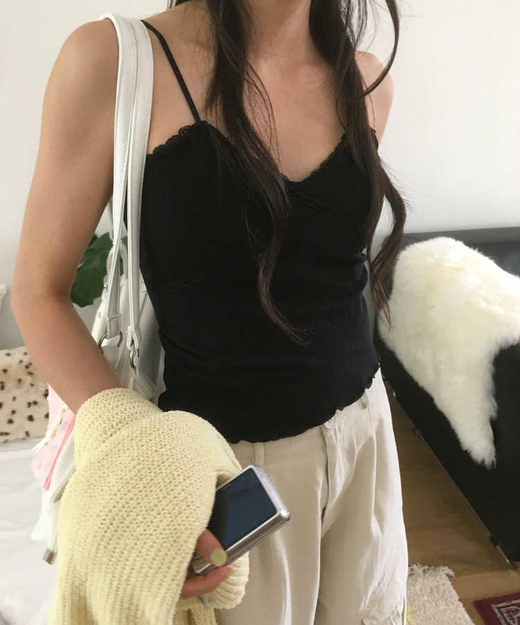 【カップ付き】レース紐キャミソール BLACK