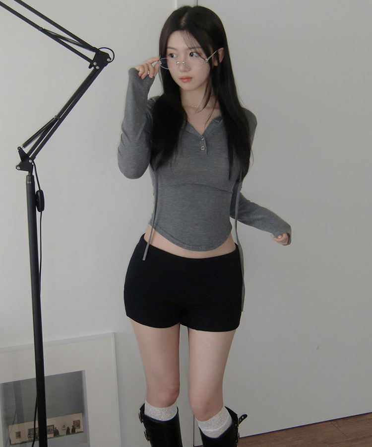 スリムフィットフード付き長袖Tシャツ GREY