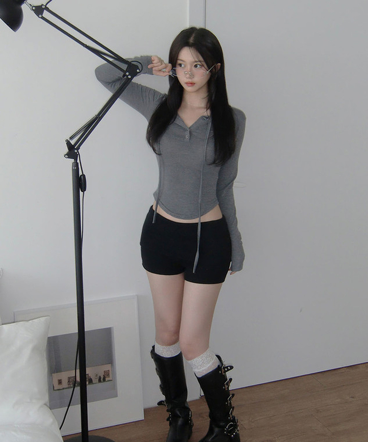 スリムフィットフード付き長袖Tシャツ GREY