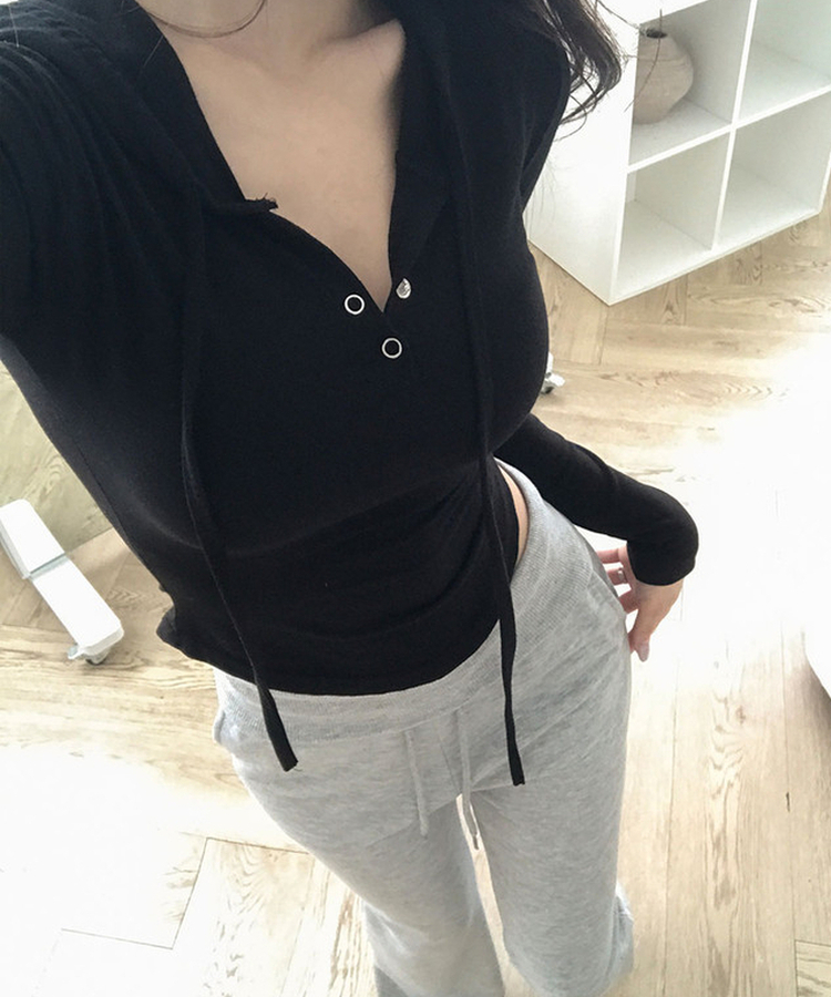 スリムフィットフード付き長袖Tシャツ BLACK