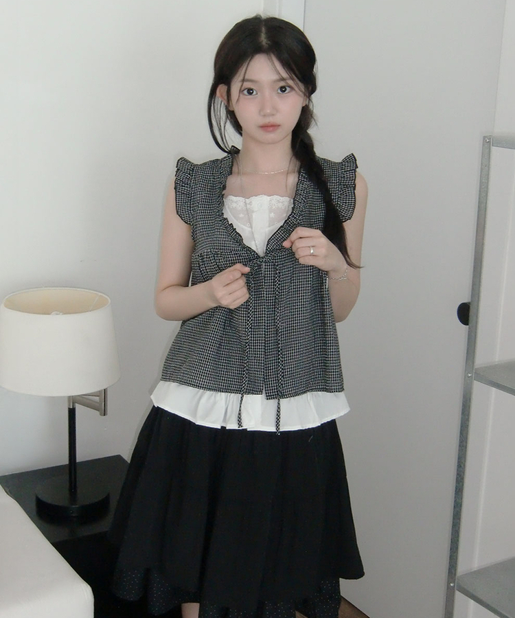 フリルリボンチェックキャミソールブラウス BLACK