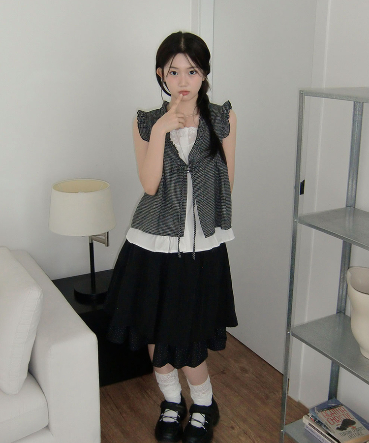 フリルリボンチェックキャミソールブラウス BLACK