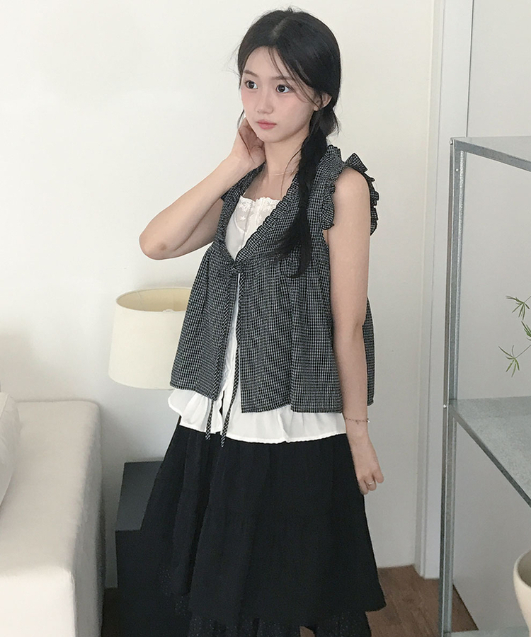 フリルリボンチェックキャミソールブラウス BLACK