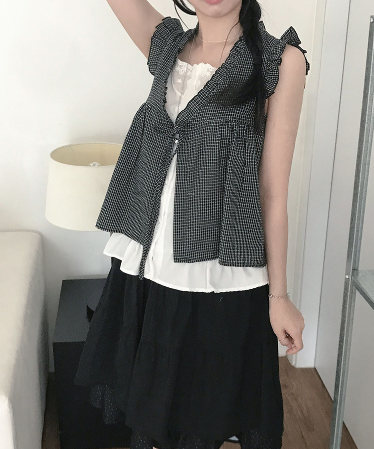フリルリボンチェックキャミソールブラウス BLACK