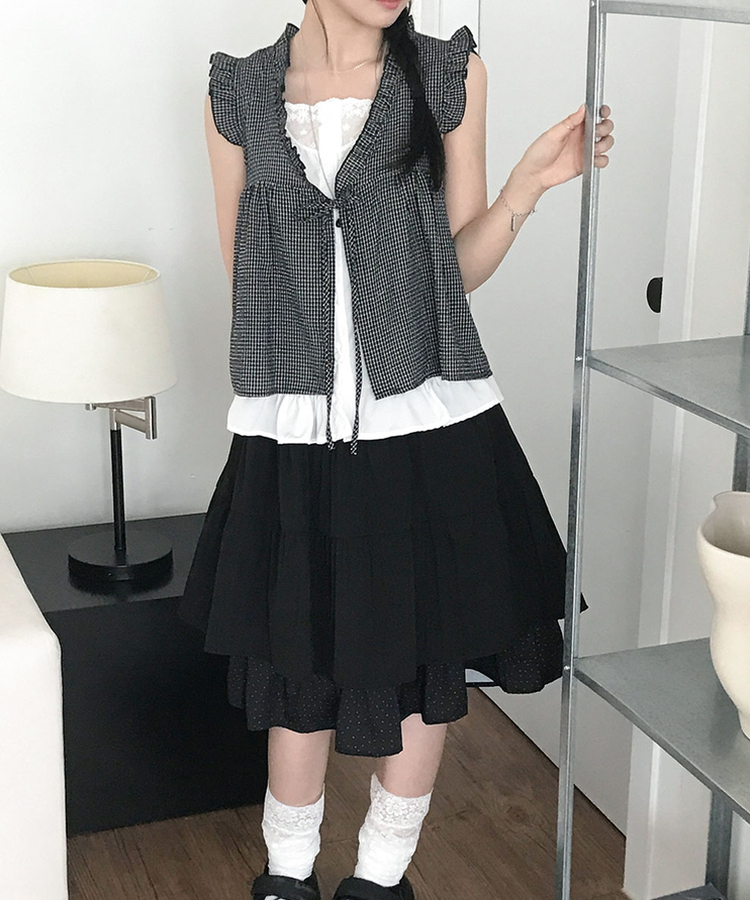 フリルリボンチェックキャミソールブラウス BLACK