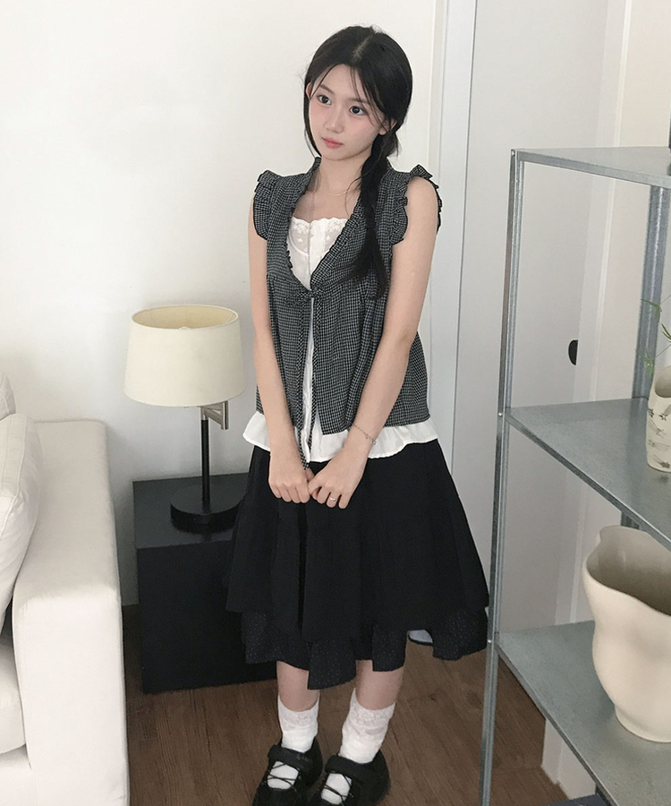 フリルリボンチェックキャミソールブラウス BLACK