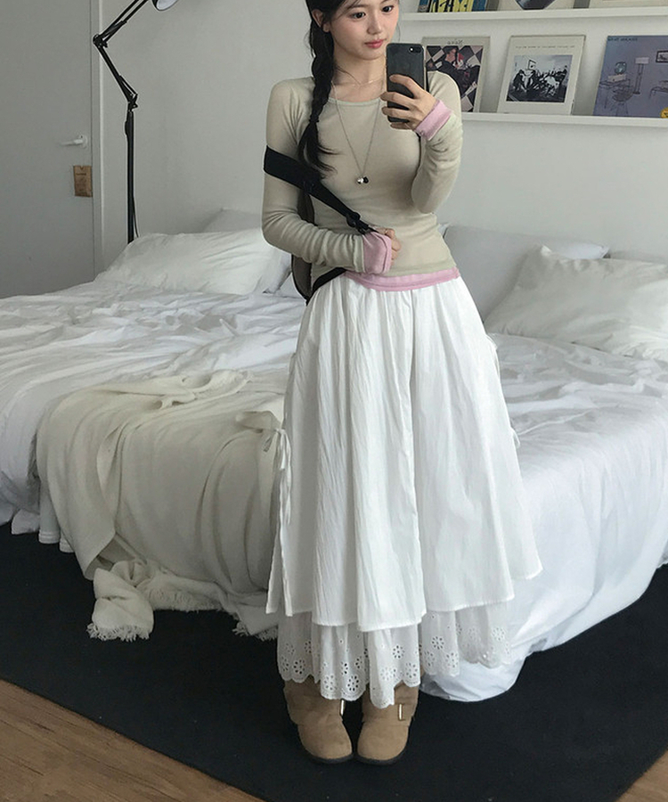 에론 펀칭 레이스 스트랩 리본 롱 밴딩 스커트 화이트