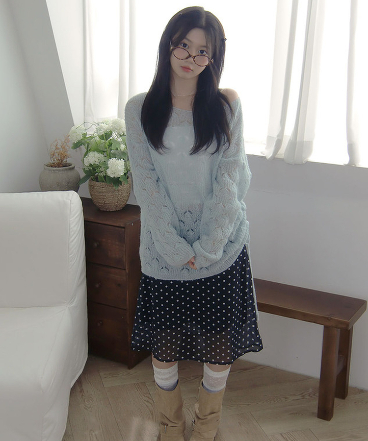 티오 도트 쉬폰 밴딩 미디 A라인 스커트 여름 여름스커트 블랙