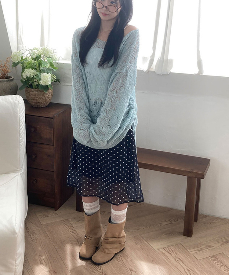 티오 도트 쉬폰 밴딩 미디 A라인 스커트 여름 여름스커트 블랙