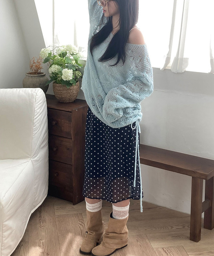 티오 도트 쉬폰 밴딩 미디 A라인 스커트 여름 여름스커트 블랙