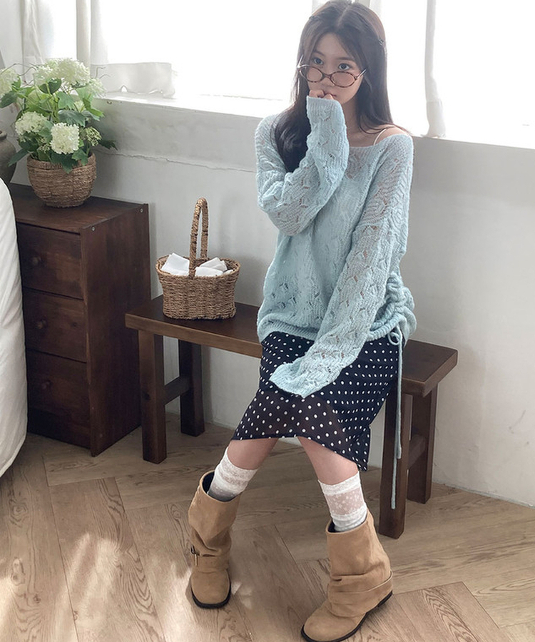 티오 도트 쉬폰 밴딩 미디 A라인 스커트 여름 여름스커트 블랙