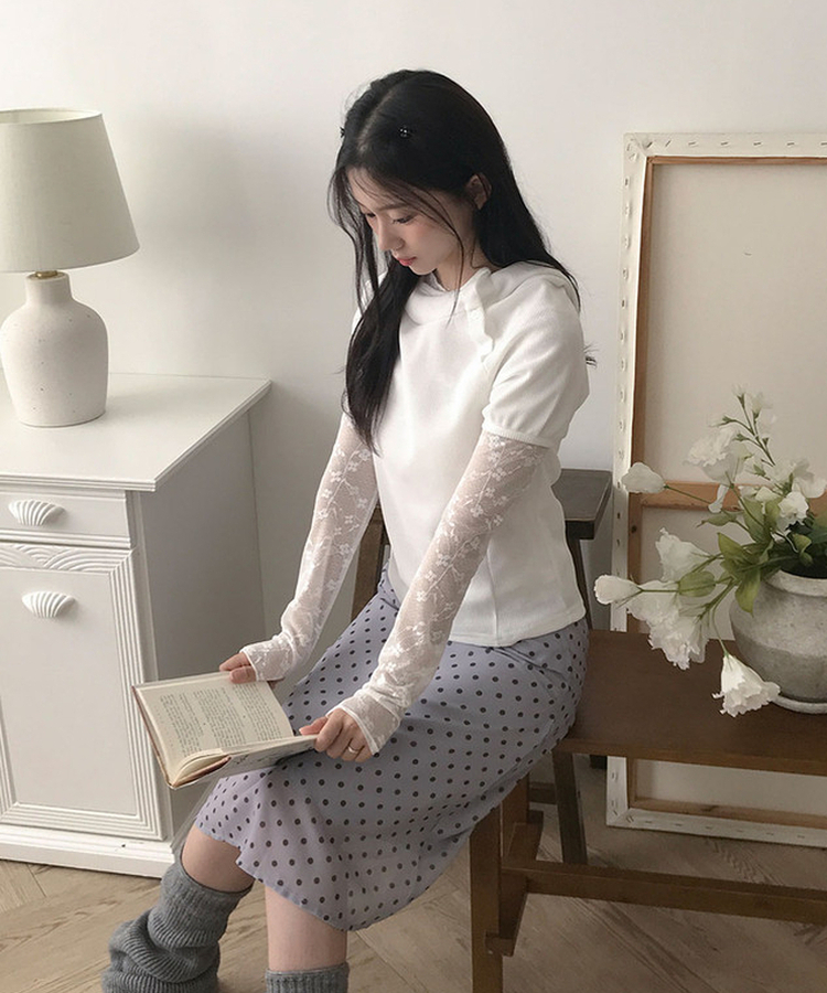 티오 도트 쉬폰 밴딩 미디 A라인 스커트 여름 여름스커트 그레이