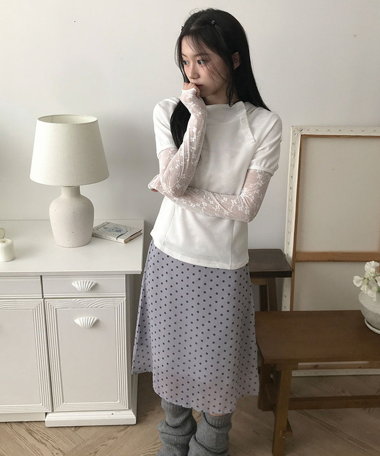 티오 도트 쉬폰 밴딩 미디 A라인 스커트 여름 여름스커트 그레이