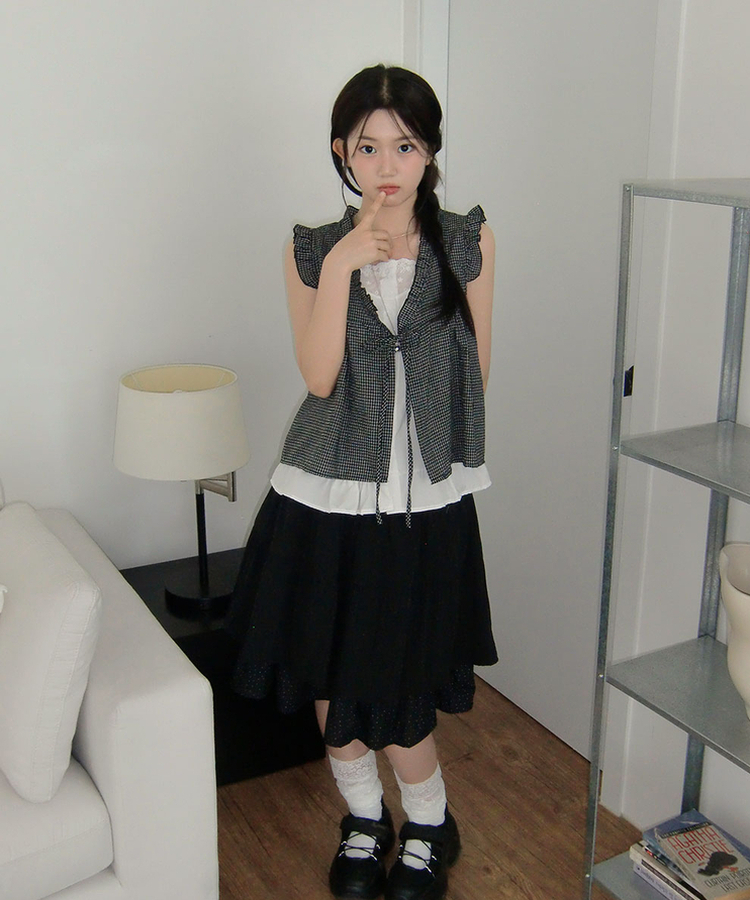 ドットバイカラーティアードミディスカート BLACK