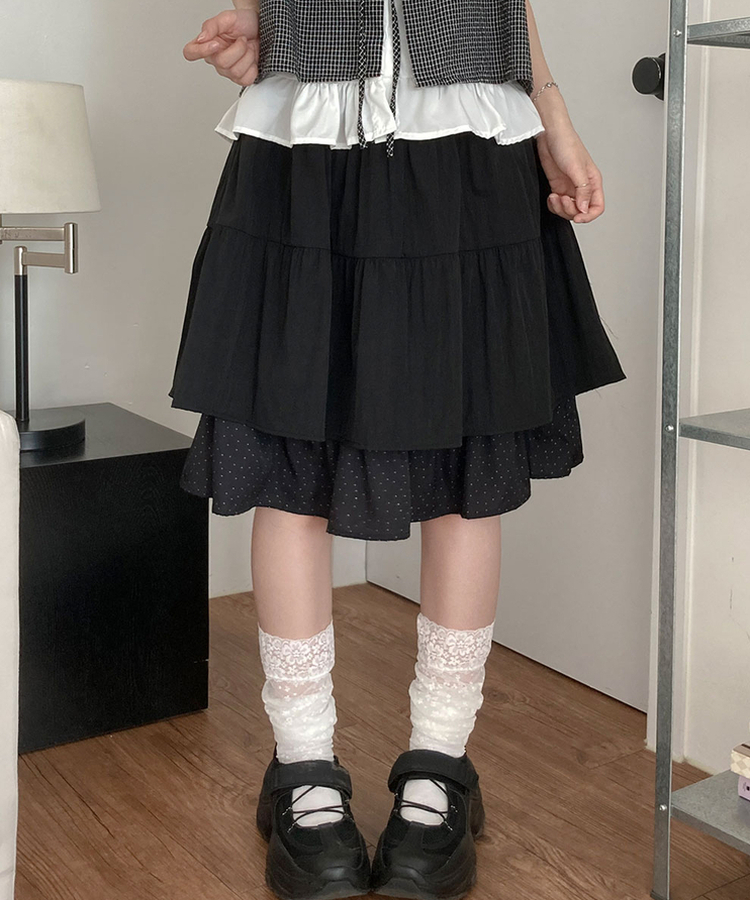 ドットバイカラーティアードミディスカート BLACK