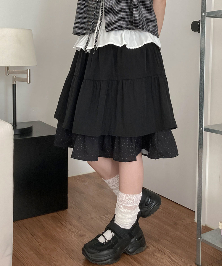 ドットバイカラーティアードミディスカート BLACK