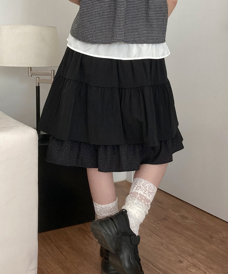 ドットバイカラーティアードミディスカート BLACK